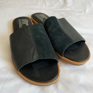 Sorel Black Suede & Leather Slide Sandals with Tan Sole
